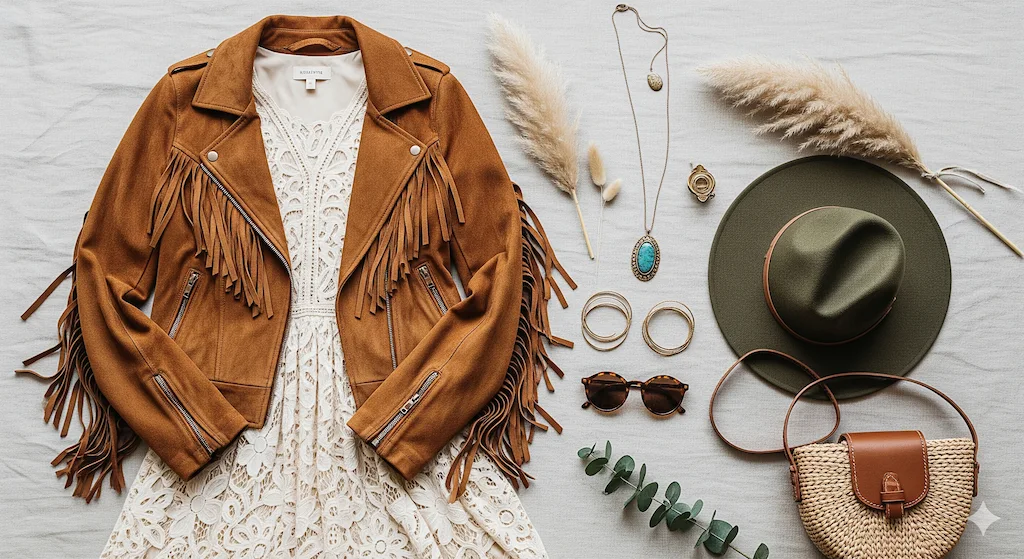 Flat lay of flowy lace dress, suede jacket, and '70s-inspired layers for Boho Revival