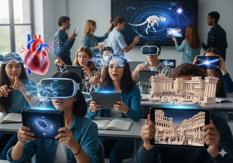 Unlocking Success: 7 Ways AI in Education Is Revolutionizing Learning 4 A diverse group of students using VR headsets and AR apps to explore complex subjects like human anatomy in a classroom setting.