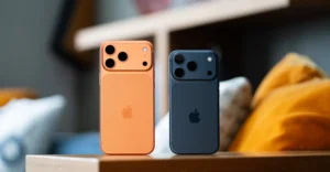 Two iPhone 17 Pro Max models in Cosmic Orange and Deep Blue on a wooden surface with a cozy background.