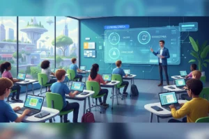 Digital classroom with Librus Synergia dashboard interface for grades and attendance.