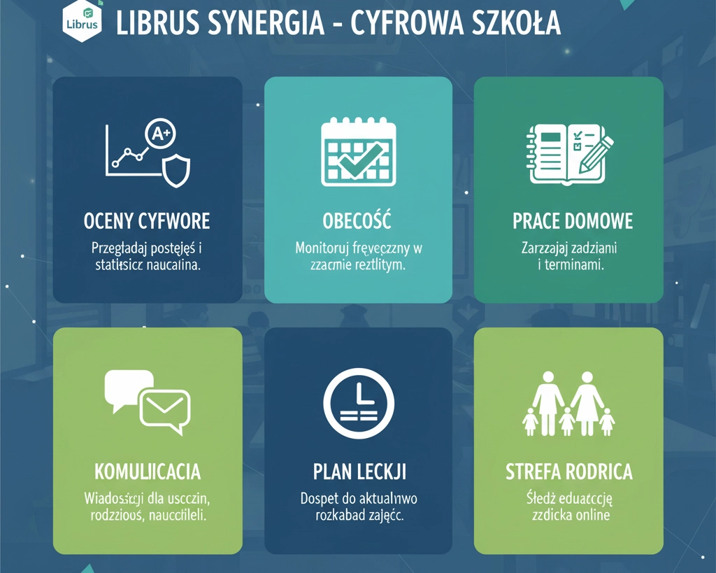 Infographic highlighting key features of Librus Synergia including gradebook, attendance, and communication tools.