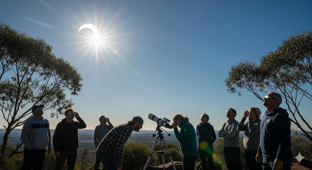 Partial Solar Eclipse 2025: September 21 Southern Sky Event 2 Observers in Australia viewing the Partial Solar Eclipse 2025 using eclipse glasses and telescopes.