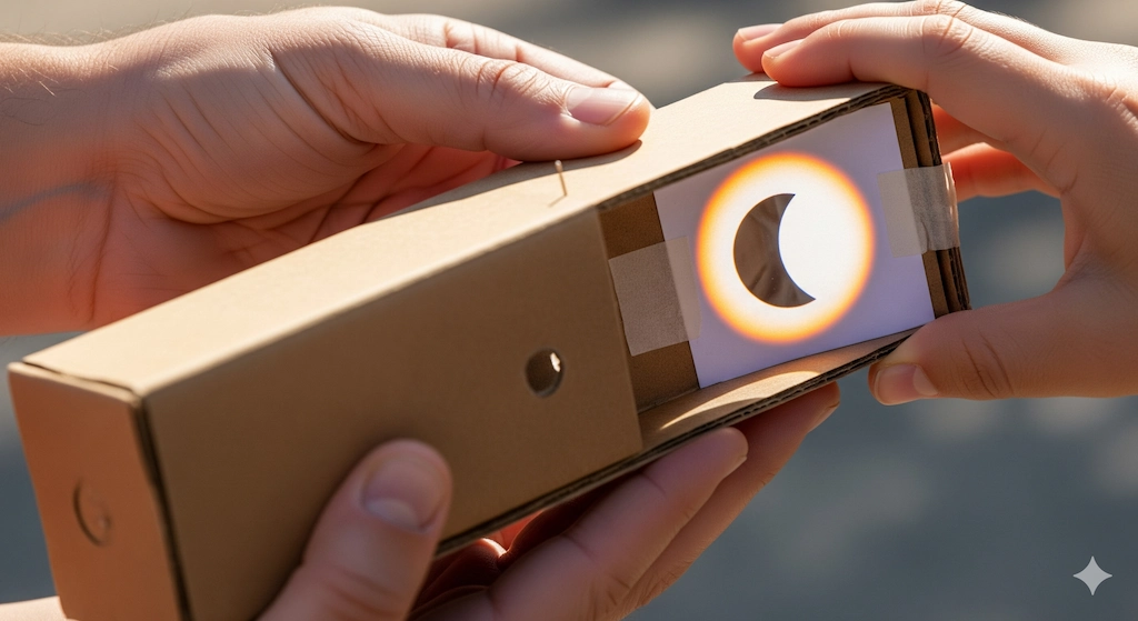 Partial Solar Eclipse 2025: September 21 Southern Sky Event 3 Safe observation of the Partial Solar Eclipse 2025 with a pinhole projector projecting the crescent Sun.