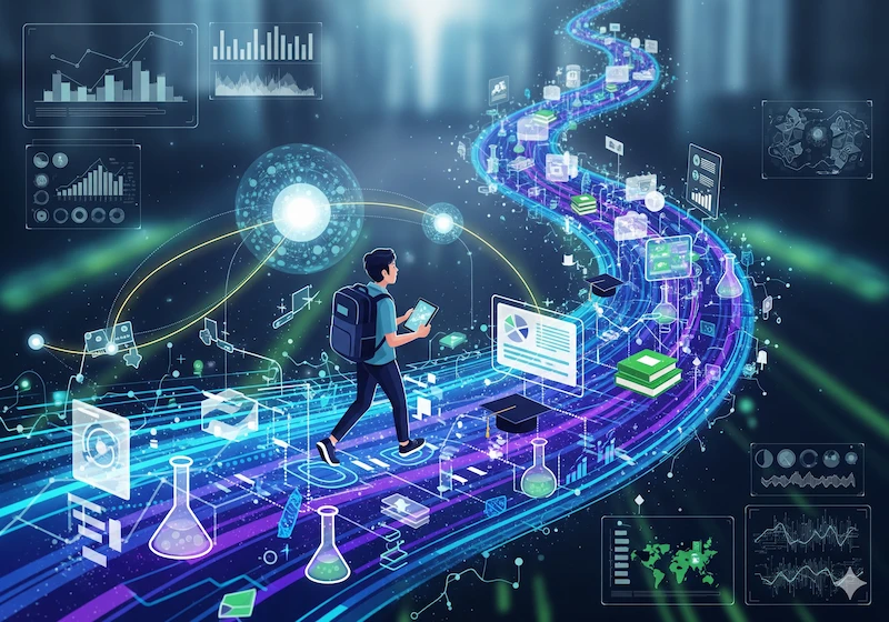 Unlocking Success: 7 Ways AI in Education Is Revolutionizing Learning 2 A digital illustration depicting an AI-guided personalized learning path, with a student walking along a winding data stream.
