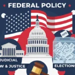 Illustration of U.S. Capitol, Supreme Court, and ballot box symbolizing American federal policy, law, and elections