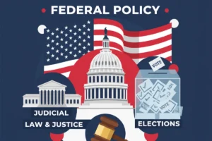 Illustration of U.S. Capitol, Supreme Court, and ballot box symbolizing American federal policy, law, and elections