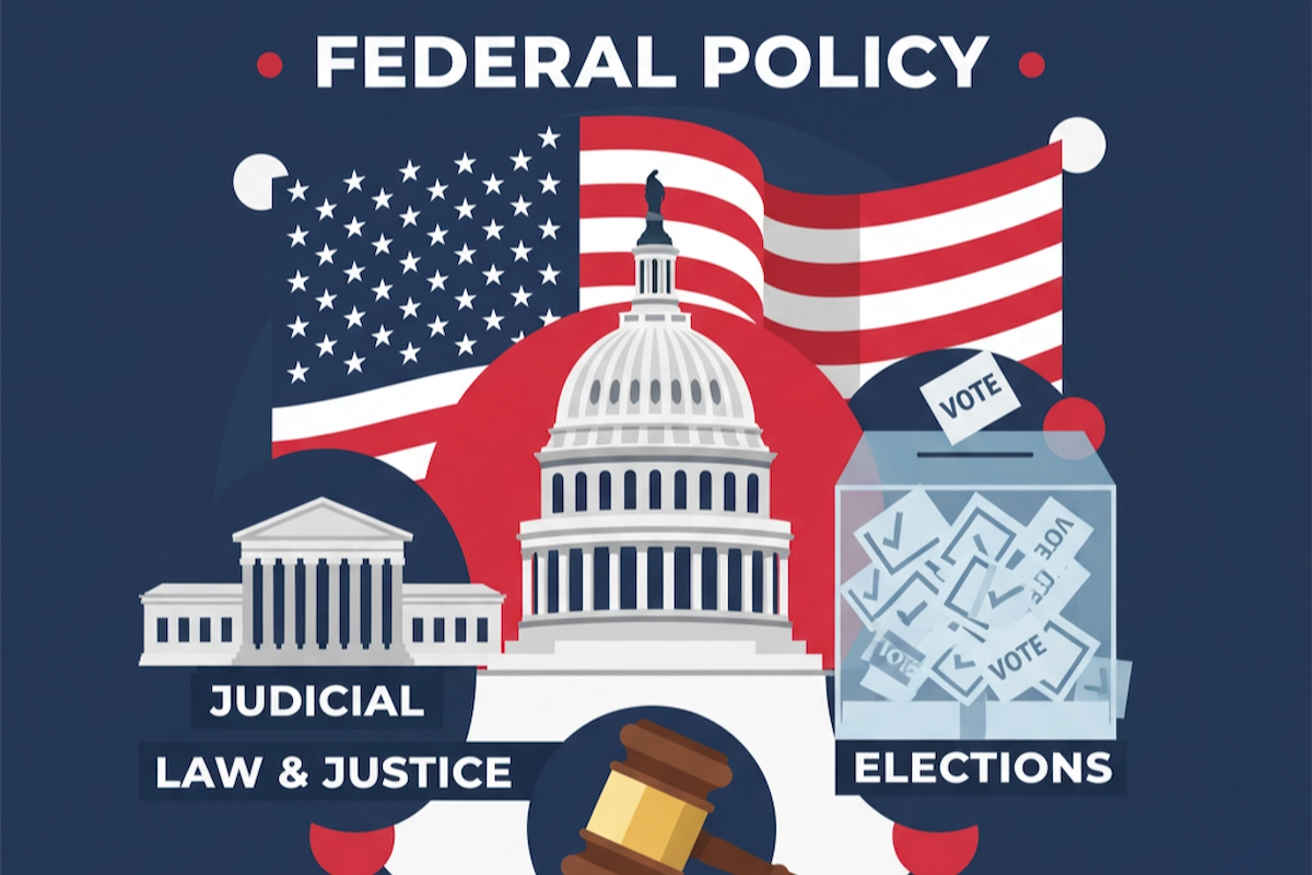 The Definitive Guide to US Federal Policy, Elections, & Law 1 Illustration of U.S. Capitol, Supreme Court, and ballot box symbolizing American federal policy, law, and elections
