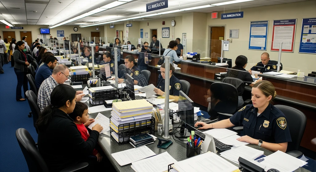 US H-1B Visa Fee Hike 2025: shocking Impact on Tech Workers 3 US immigration office handling H-1B visa applications